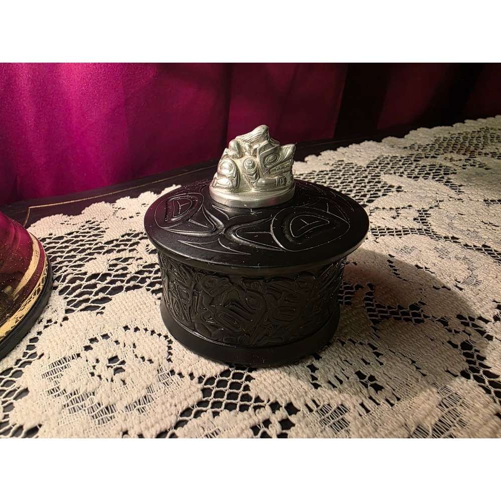 Boma Canada Haida Style Black Resin Trinket Box Pewter Finial Carved Decor